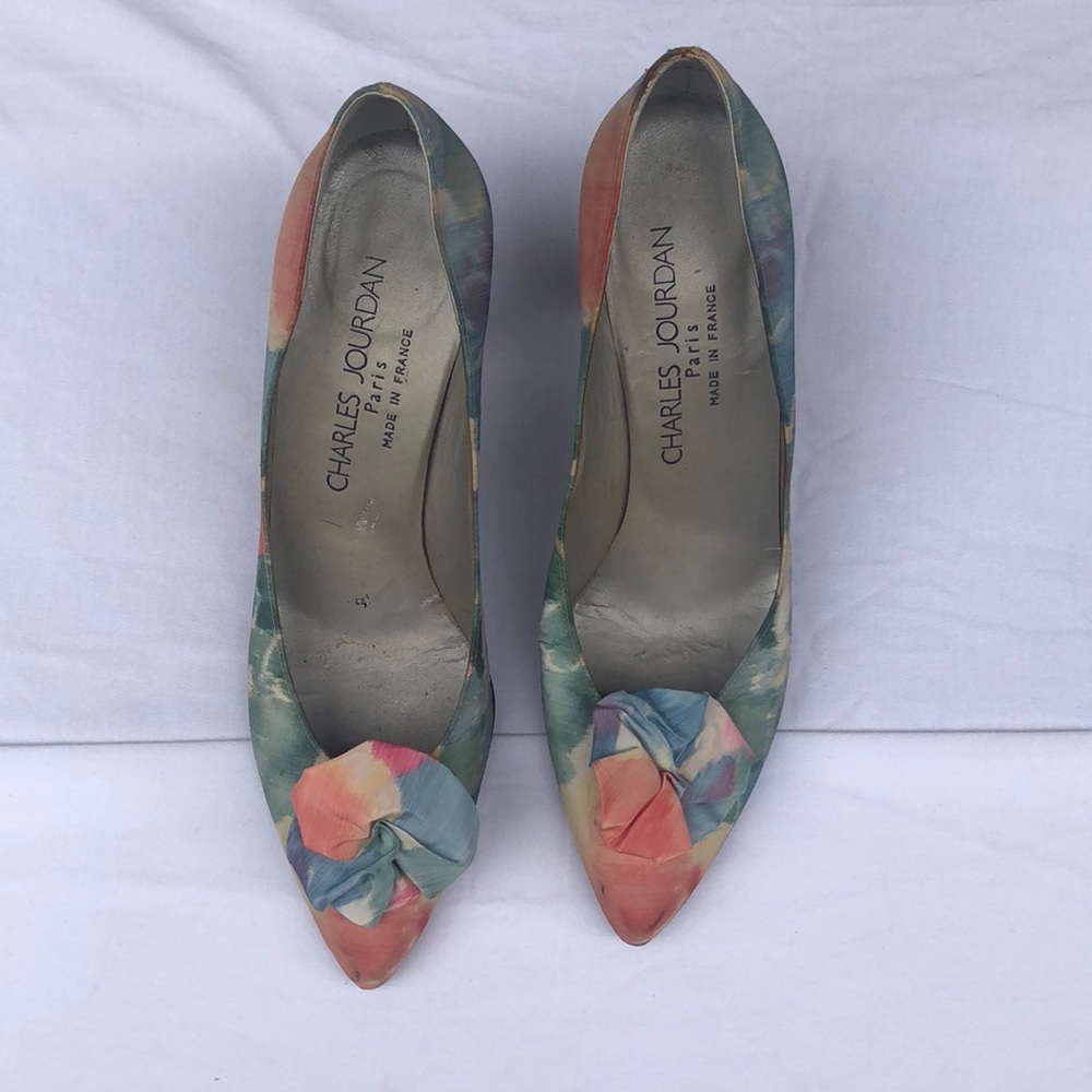Charles Jourdan Paris blue green floral heels. 3”